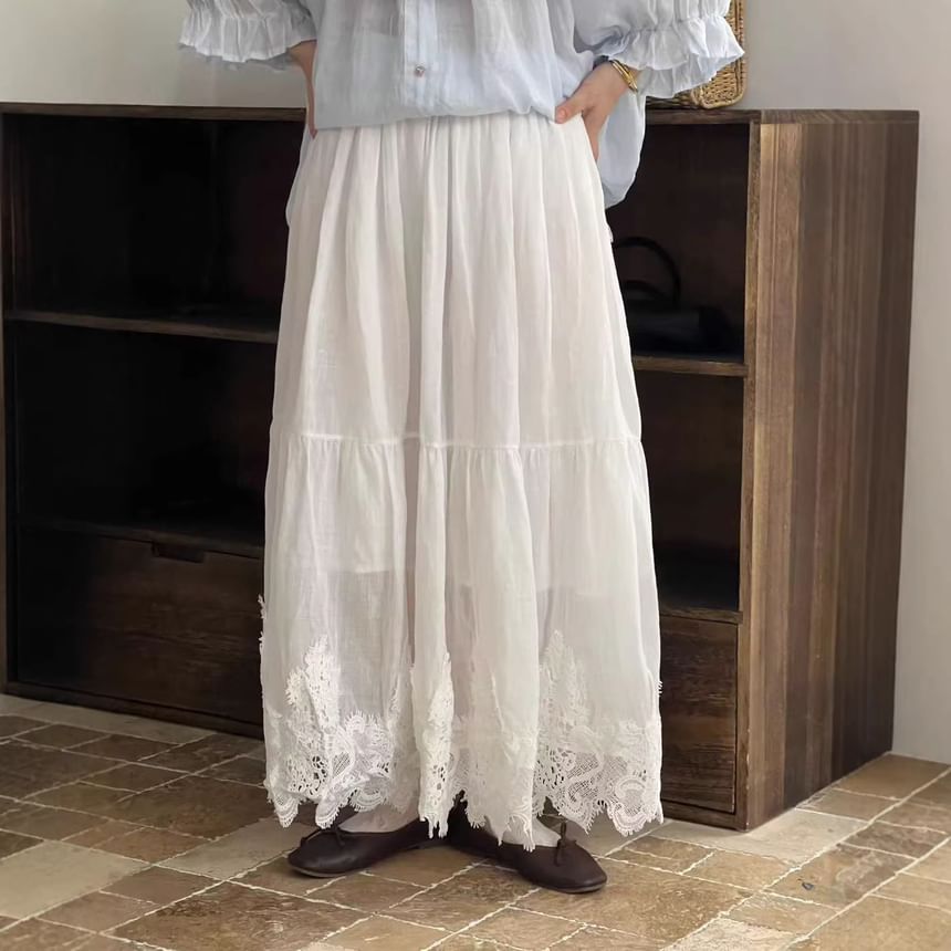 High Waist Lace Panel Maxi A-Line Skirt