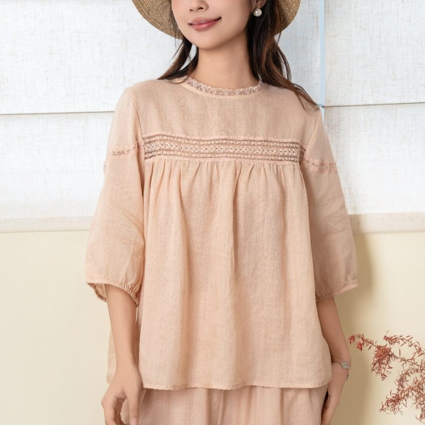 Puff-Sleeve Crewneck Lace Trim Tunic