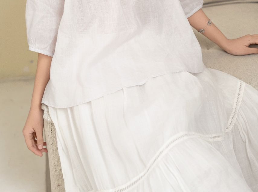 Puff-Sleeve Crewneck Lace Trim Tunic