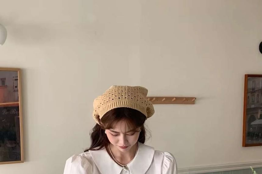 Short-Sleeve Collared Plaid Trim Blouse / Mid Rise Plain Maxi A-Line Skirt