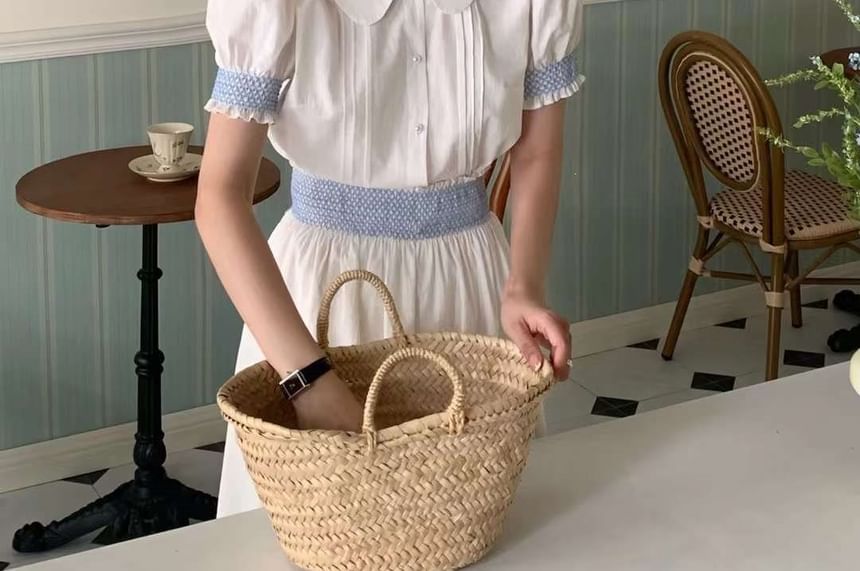 Short-Sleeve Collared Plaid Trim Blouse / Mid Rise Plain Maxi A-Line Skirt