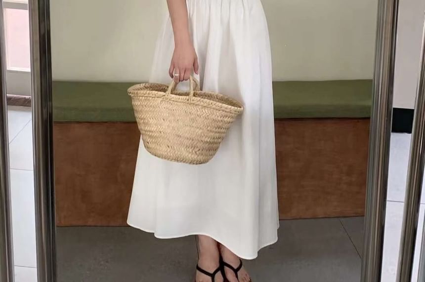 Short-Sleeve Collared Plaid Trim Blouse / Mid Rise Plain Maxi A-Line Skirt