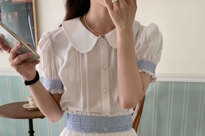 Short-Sleeve Collared Plaid Trim Blouse / Mid Rise Plain Maxi A-Line Skirt