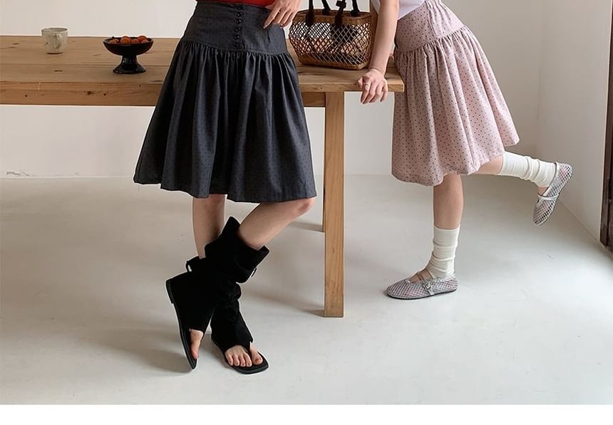 Mid Rise Dotted Ruched A-Line Skirt