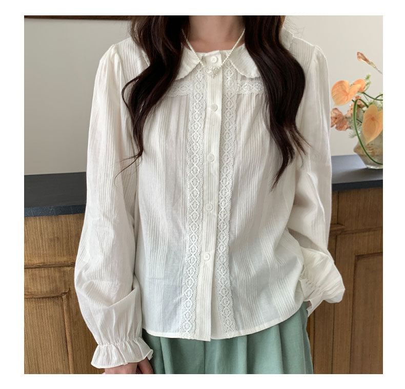 Long Sleeve Collared Plain Panel Lace Blouse