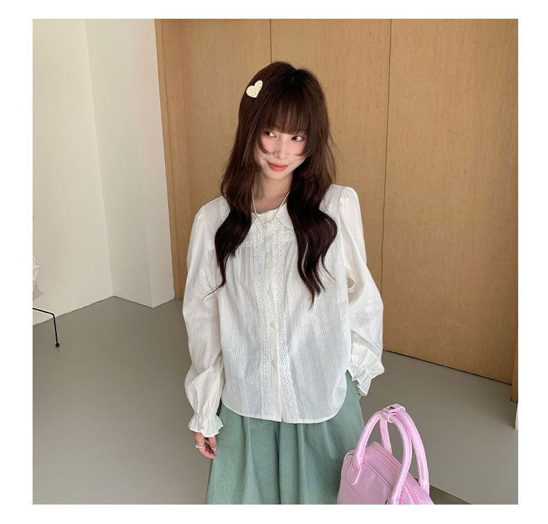 Long Sleeve Collared Plain Panel Lace Blouse