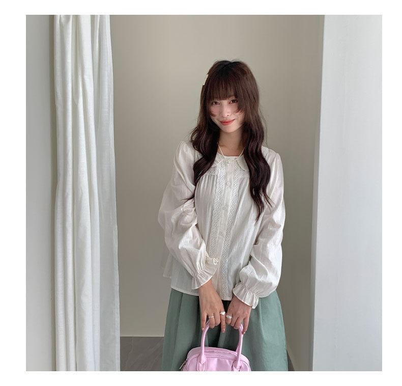 Long Sleeve Collared Plain Panel Lace Blouse