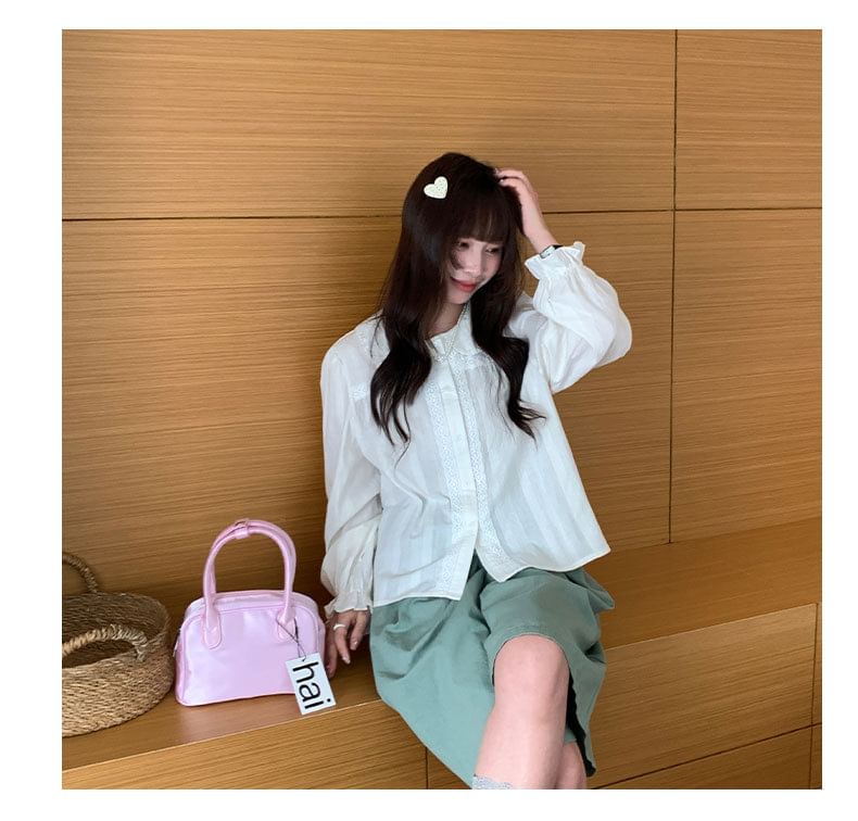 Long Sleeve Collared Plain Panel Lace Blouse