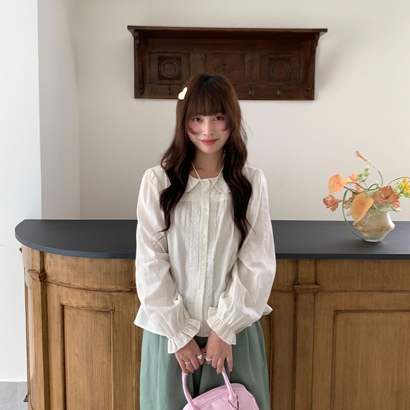 Long Sleeve Collared Plain Panel Lace Blouse