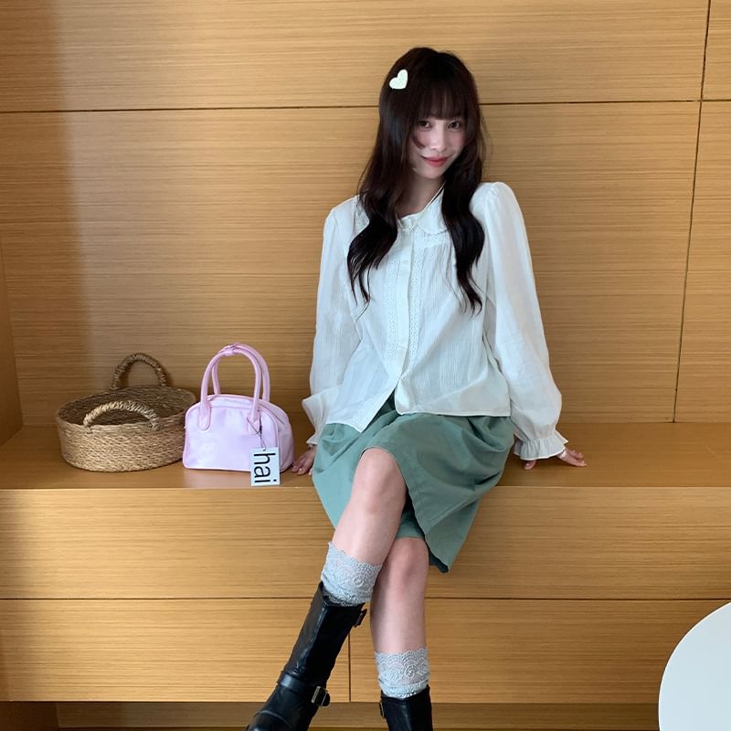 Long Sleeve Collared Plain Panel Lace Blouse