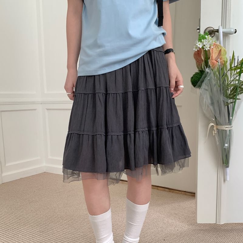 High Waist Plain Tiered Panel Mesh Midi A-Line Skirt