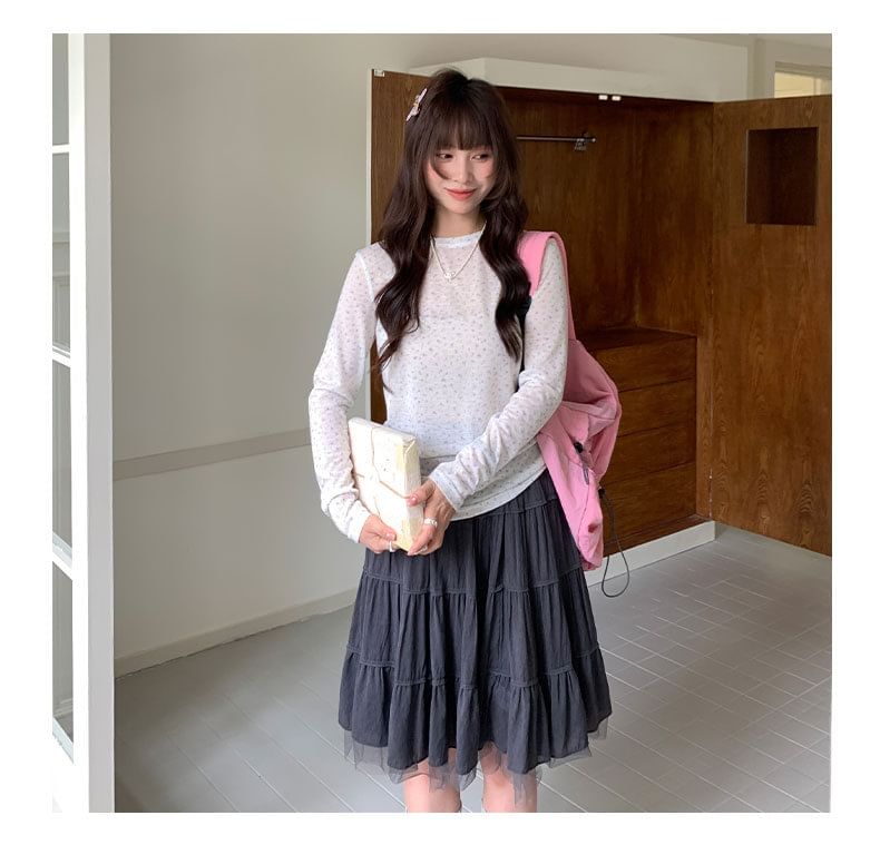 High Waist Plain Tiered Panel Mesh Midi A-Line Skirt