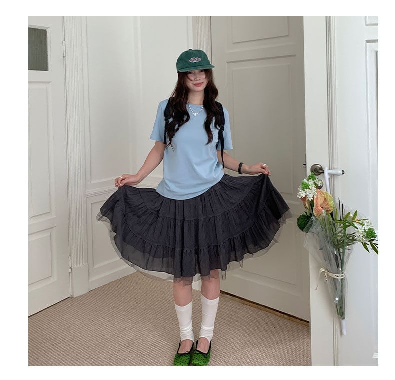 High Waist Plain Tiered Panel Mesh Midi A-Line Skirt