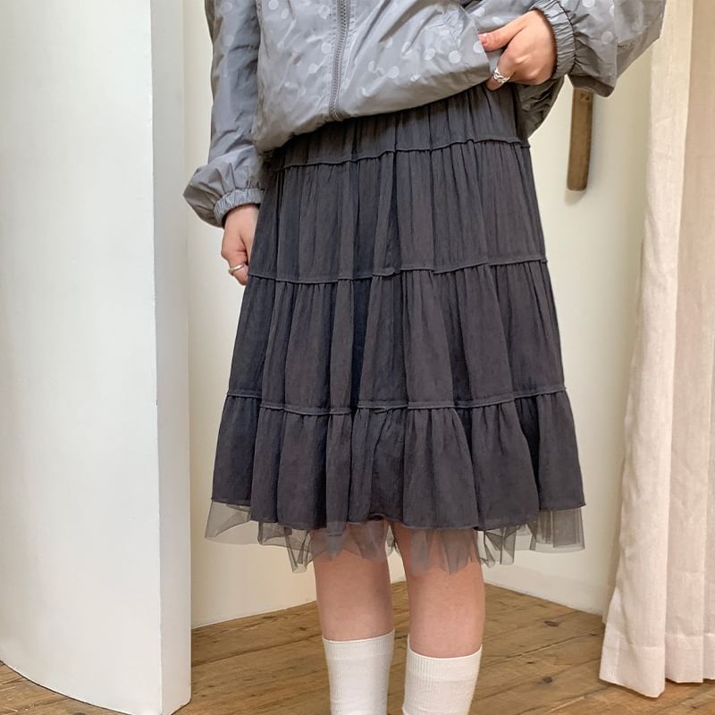 High Waist Plain Tiered Panel Mesh Midi A-Line Skirt