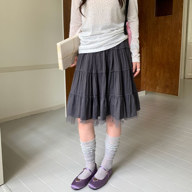 High Waist Plain Tiered Panel Mesh Midi A-Line Skirt