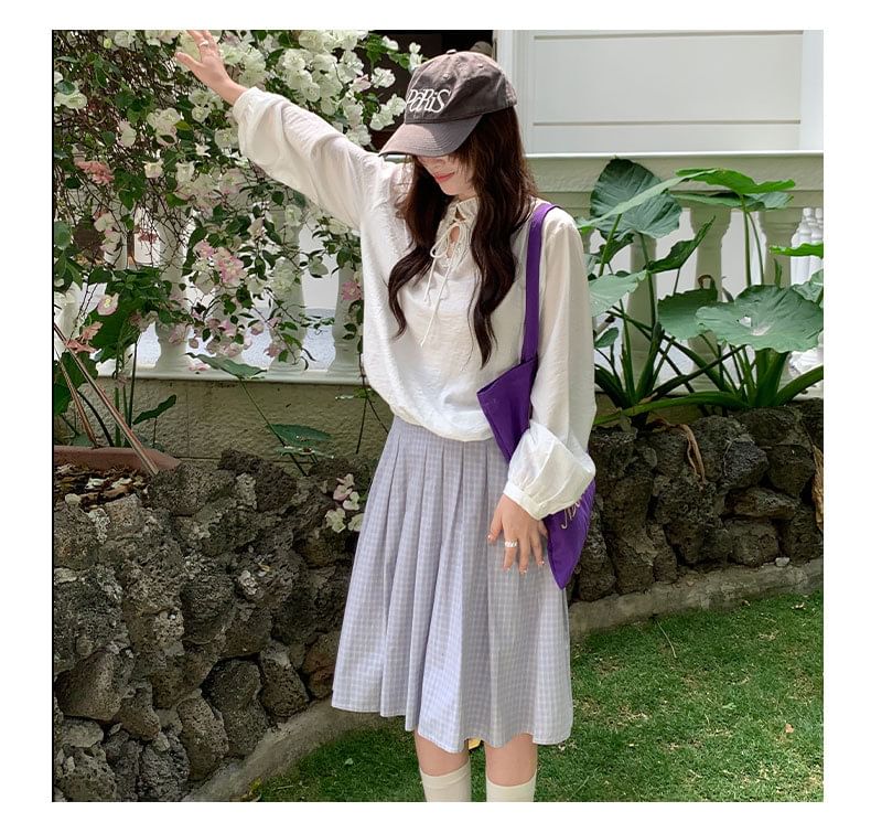 High Waist Plaid Pleated Midi A-Line Skirt