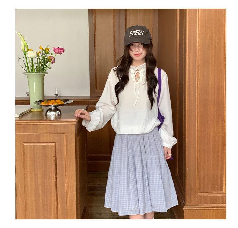 High Waist Plaid Pleated Midi A-Line Skirt
