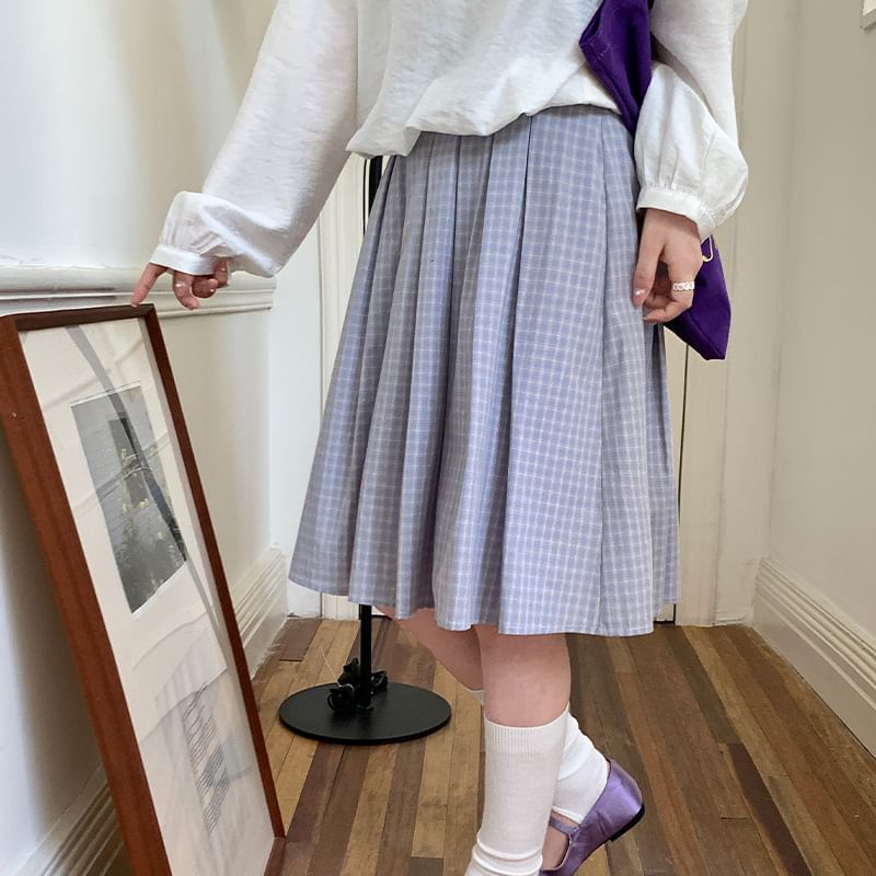 High Waist Plaid Pleated Midi A-Line Skirt