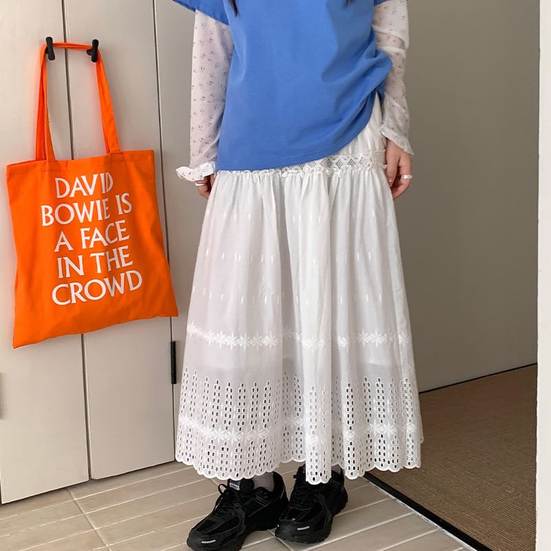 High Waist Perforated Plain Maxi A-Line Skirt