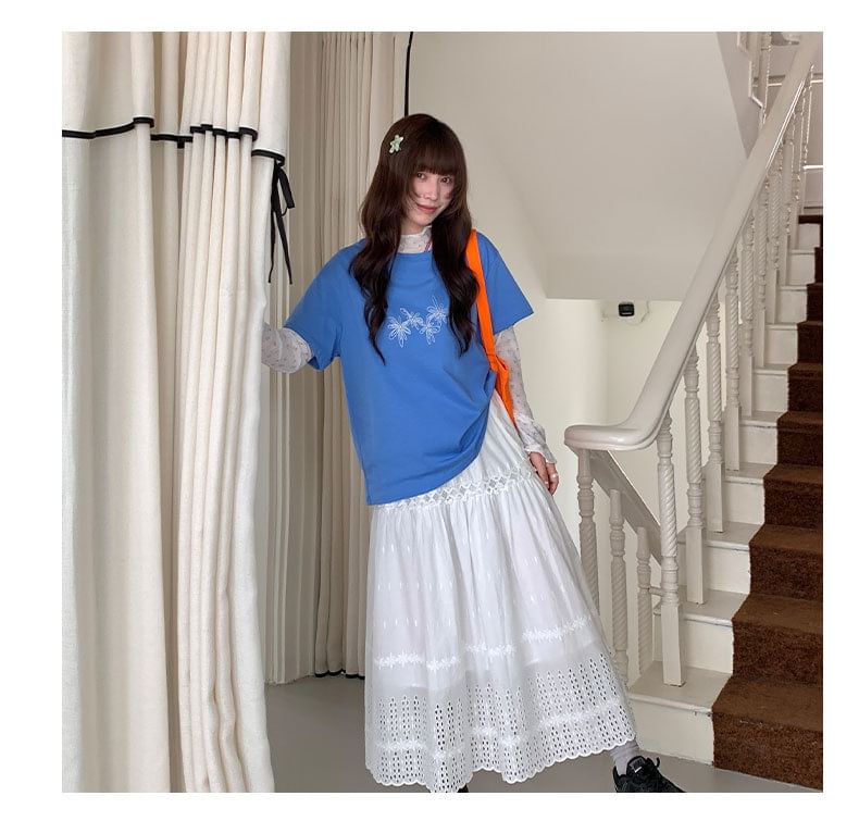 High Waist Perforated Plain Maxi A-Line Skirt