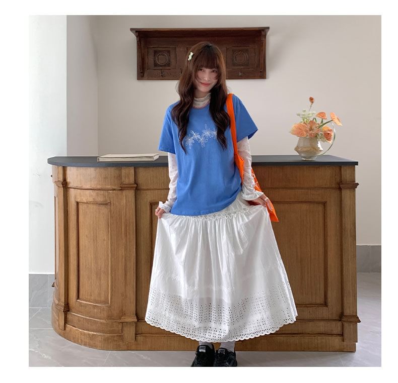High Waist Perforated Plain Maxi A-Line Skirt