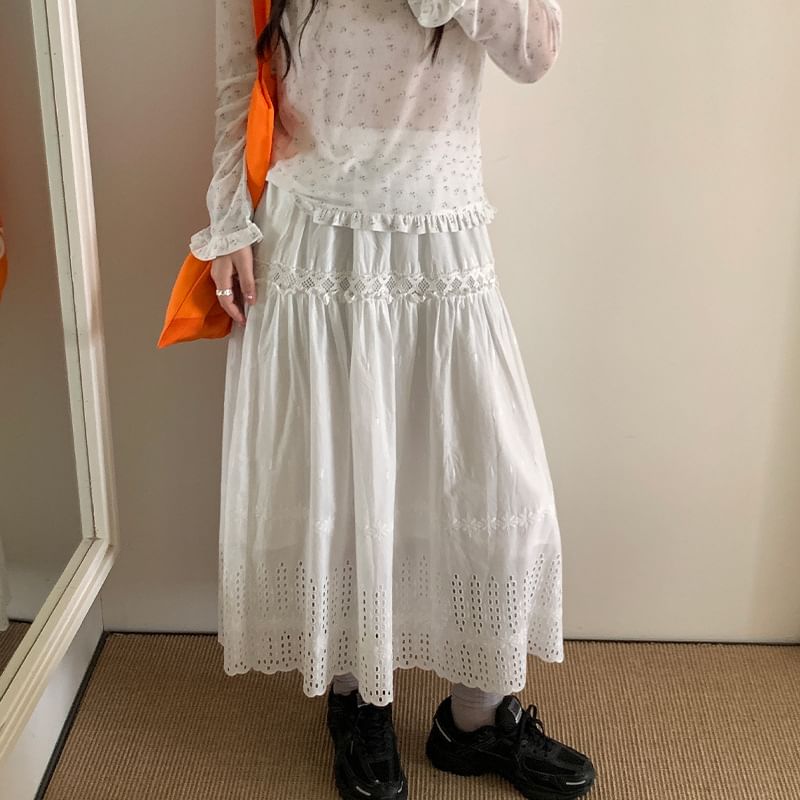 High Waist Perforated Plain Maxi A-Line Skirt