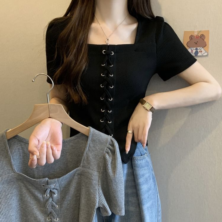 Short-Sleeve Square Neck Lace-Up Plain Knit Top