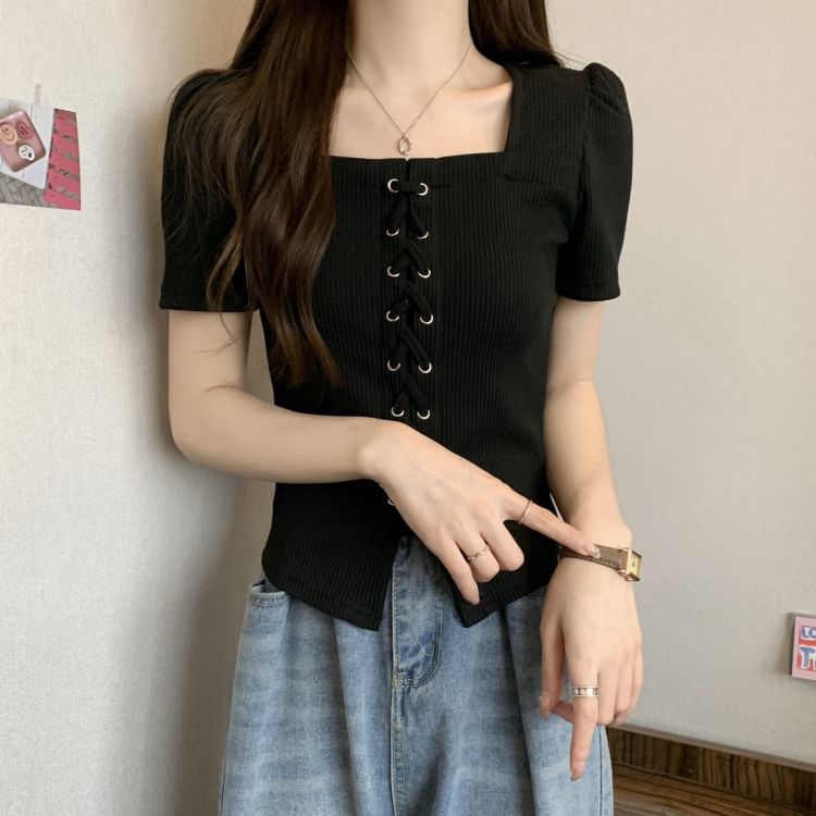 Short-Sleeve Square Neck Lace-Up Plain Knit Top