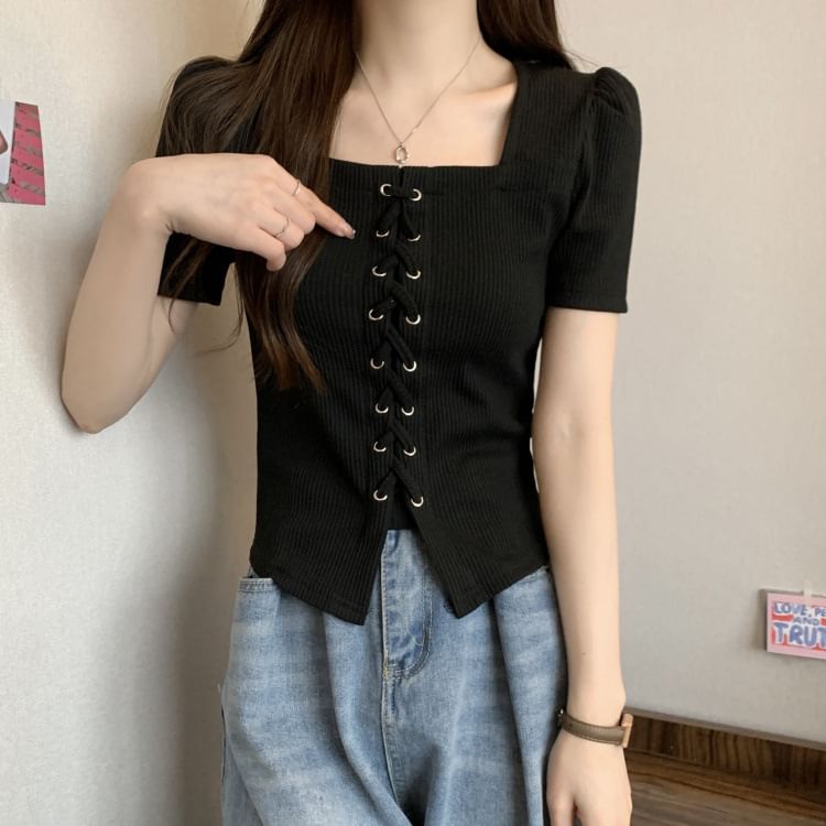 Short-Sleeve Square Neck Lace-Up Plain Knit Top
