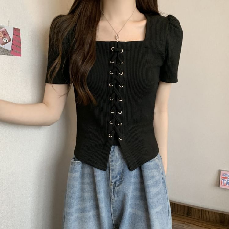 Short-Sleeve Square Neck Lace-Up Plain Knit Top