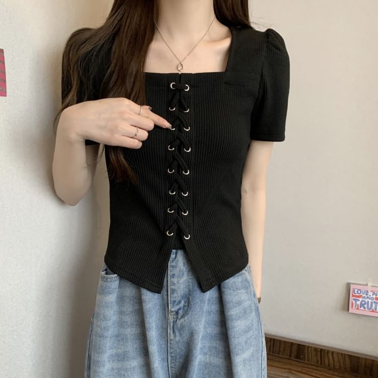 Short-Sleeve Square Neck Lace-Up Plain Knit Top