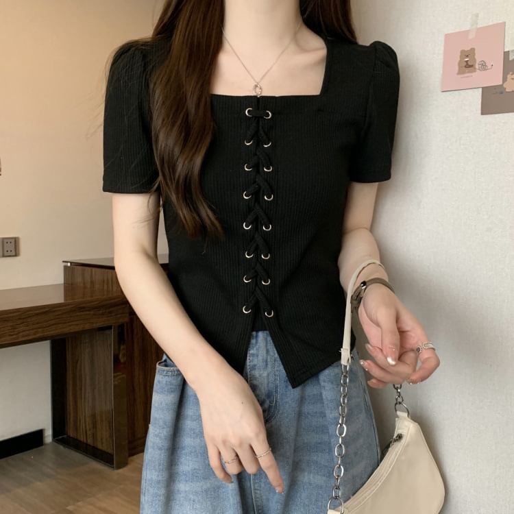 Short-Sleeve Square Neck Lace-Up Plain Knit Top