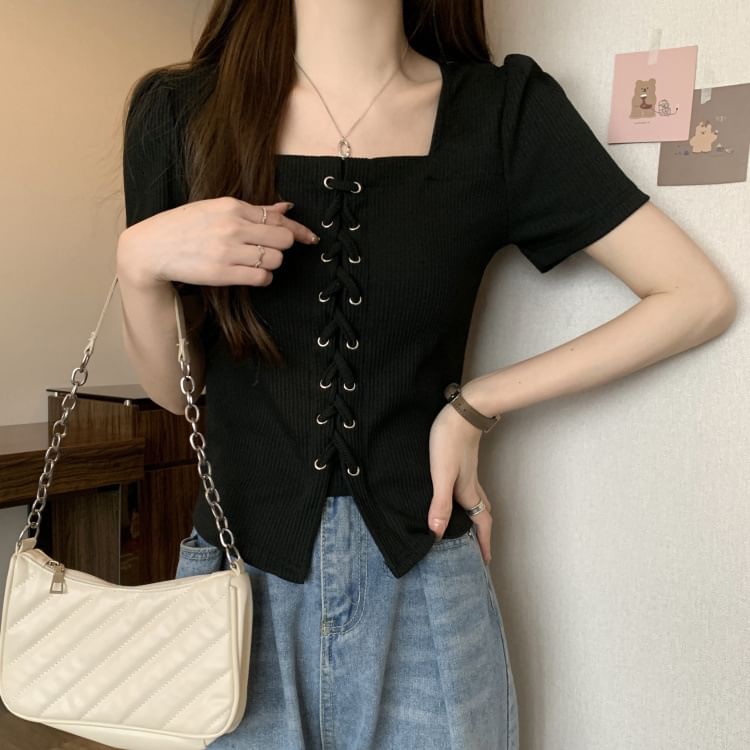 Short-Sleeve Square Neck Lace-Up Plain Knit Top