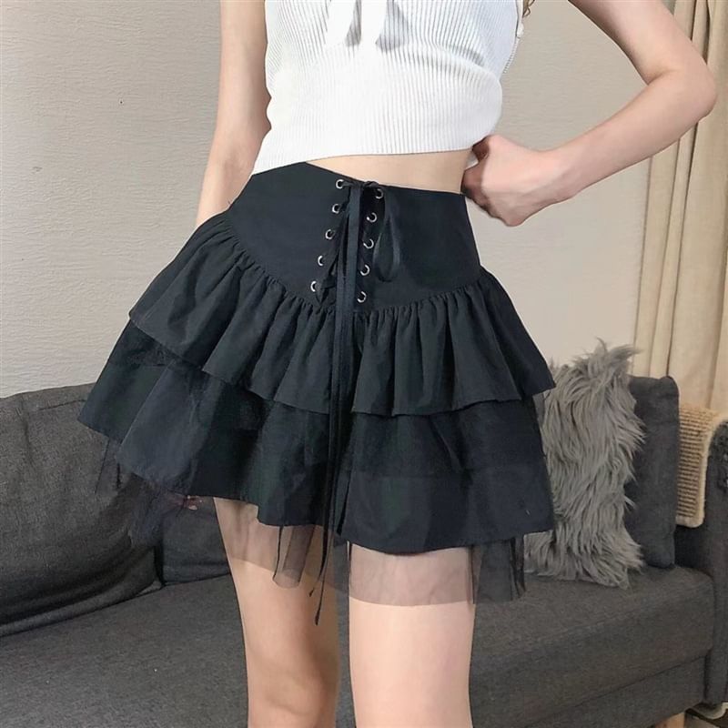 High Waist Lace-Up Plain Mini A-Line Skirt