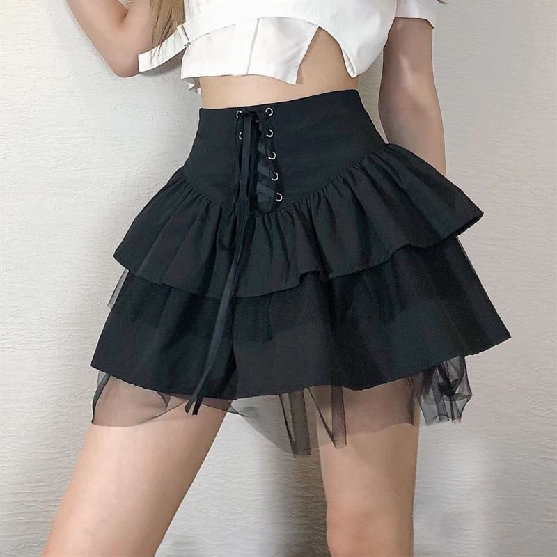 High Waist Lace-Up Plain Mini A-Line Skirt