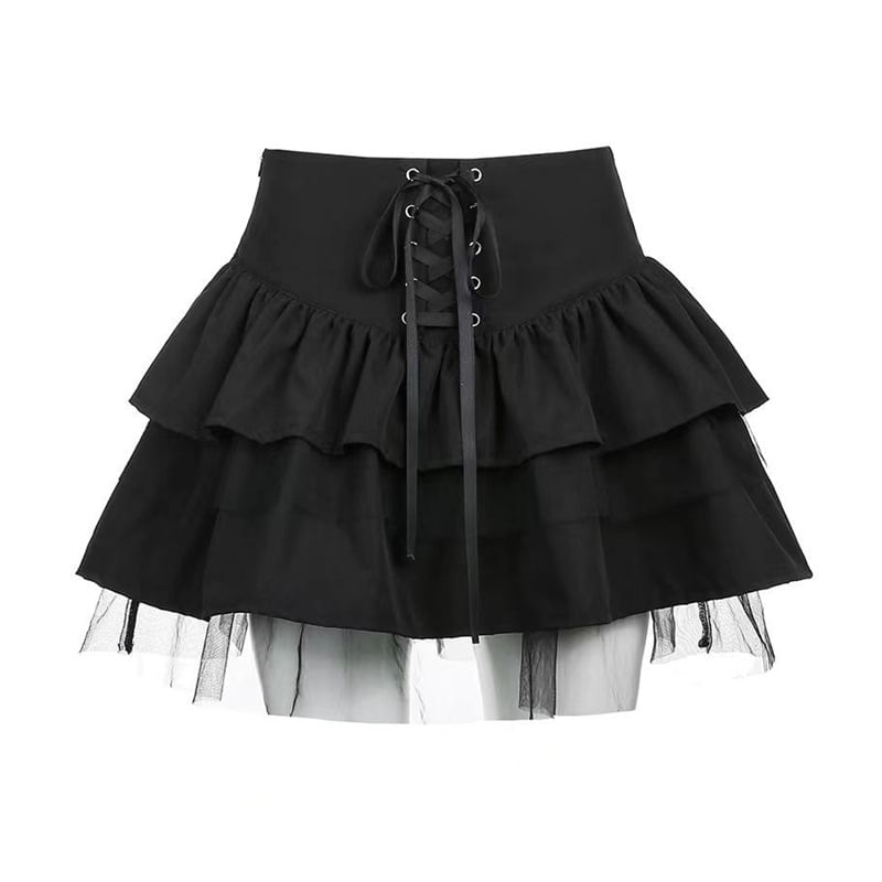 High Waist Lace-Up Plain Mini A-Line Skirt