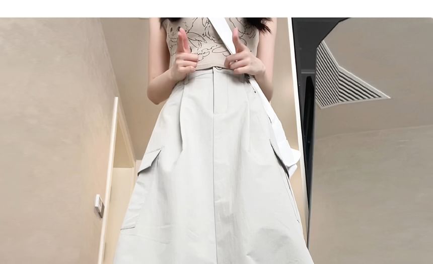 High Waist Cargo Plain Maxi A-Line Skirt