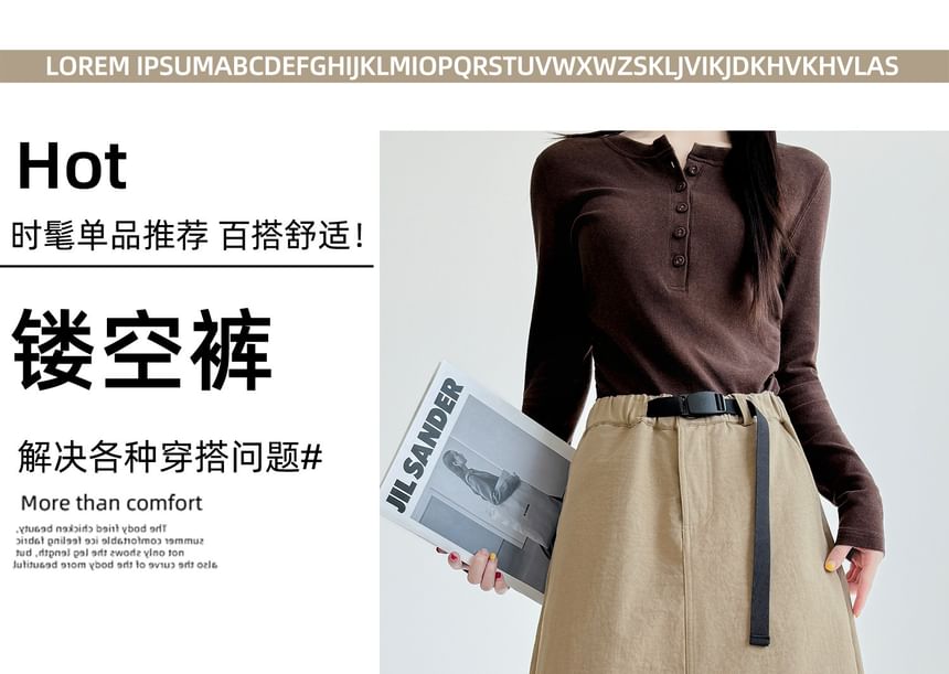 Mid Waist Plain Midi A-Line Skirt
