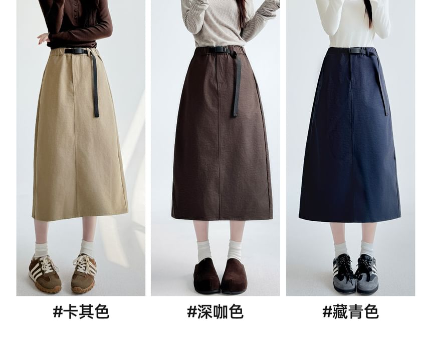 Mid Waist Plain Midi A-Line Skirt