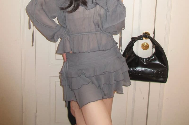 Set: Long-Sleeve V-Neck Cold Shoulder Plain Top + Mini Skirt