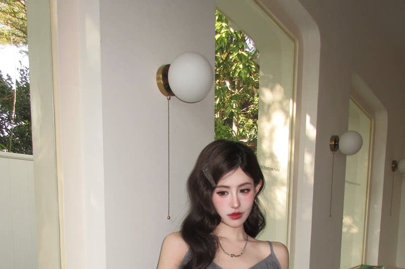 Set: Long-Sleeve V-Neck Cold Shoulder Plain Top + Mini Skirt