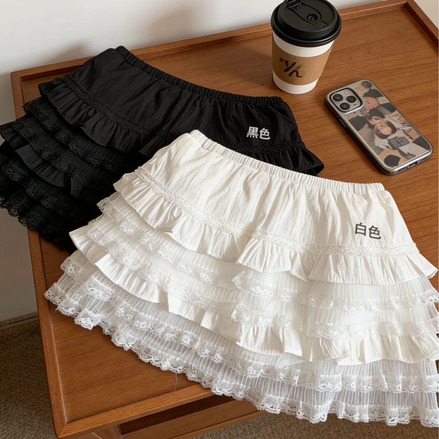 Mid Waist Lace Trim Mini Tiered Skirt