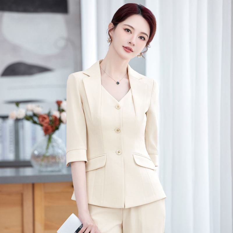 3/4-Sleeve Button-Up Plain Blazer / Mini Pencil Skirt / Tapered Dress Pants / Set