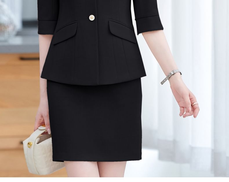 3/4-Sleeve Button-Up Plain Blazer / Mini Pencil Skirt / Tapered Dress Pants / Set