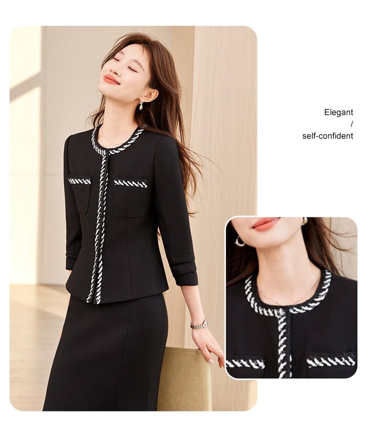 Set: Contrast Stitching Button-Up Jacket + Mid Waist Midi Mermaid Skirt