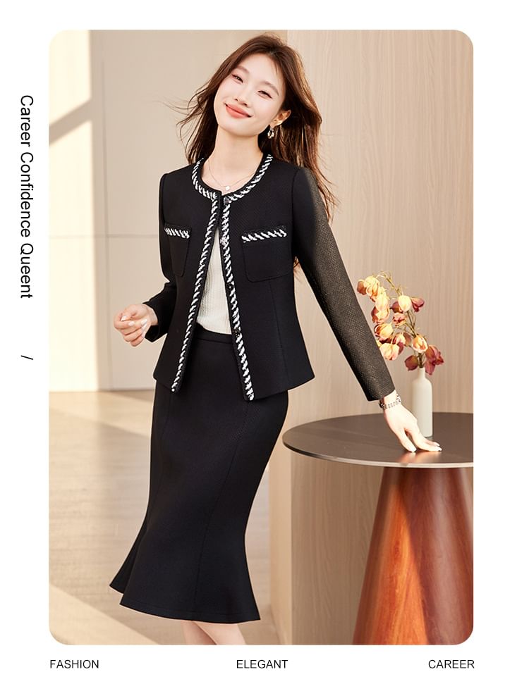 Set: Contrast Stitching Button-Up Jacket + Mid Waist Midi Mermaid Skirt