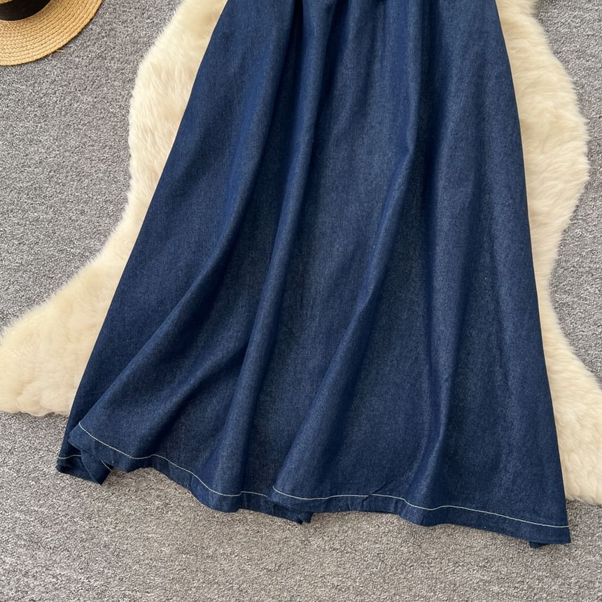 Denim Suspender Maxi A-Line Skirt