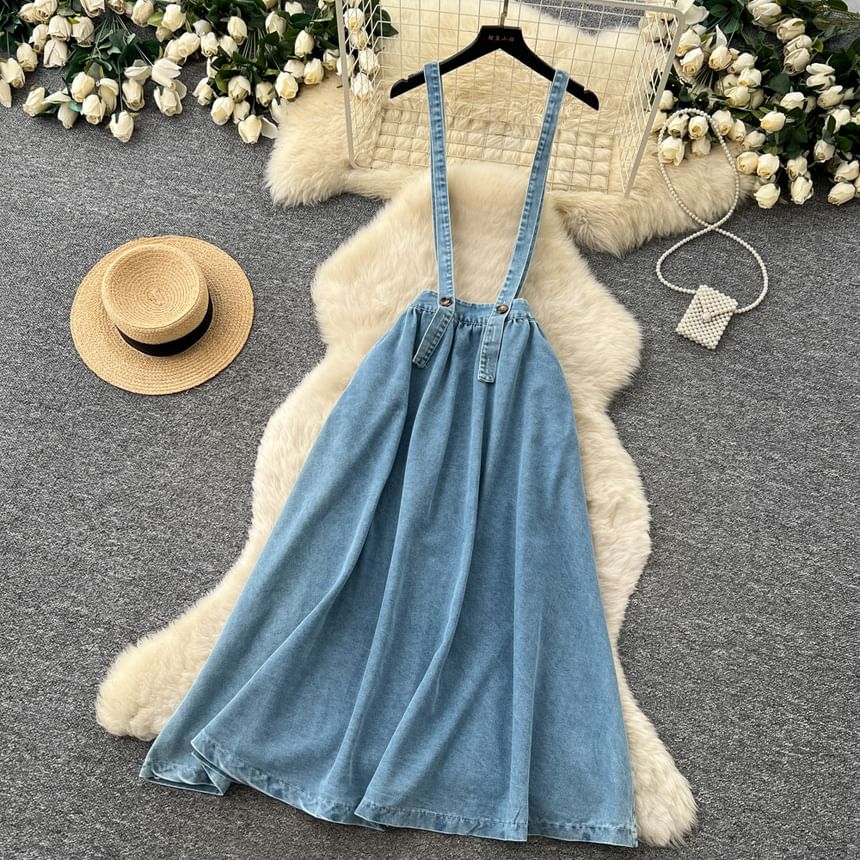 Denim Suspender Maxi A-Line Skirt