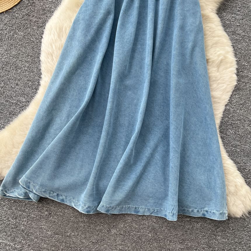 Denim Suspender Maxi A-Line Skirt