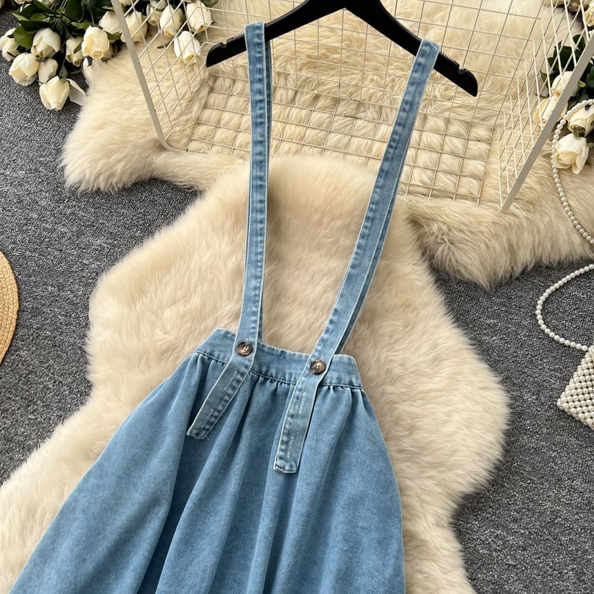 Denim Suspender Maxi A-Line Skirt